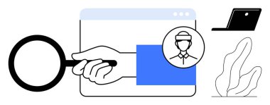 Web arayüzündeki büyüteç denetleme kullanıcı profili ile el ele. Laptop, bitki, tarayıcı dahil. Kullanıcı araştırması için ideal, işe alım, veri analizi, SEO, UI tasarım basit iniş güvenliği