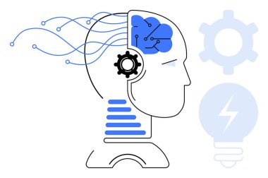 İnsan kafası silueti sinirsel yolları, devreleri, dişlileri ve ampulleri birleştirerek yapay zeka yeniliğini ve teknolojik gelişimi sembolize eder. Teknoloji, yapay zeka, robot bilimi ve makine öğrenme verileri için ideal