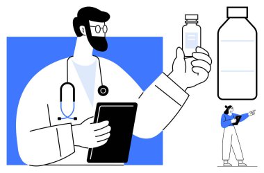 Steteskoplu ve tabletli bir doktor ilaç şişesini incelerken bir eczacı konsültasyon yapıyor. Sağlık, ilaç hizmetleri, dijital araçlar, tıbbi uygulamalar, teletıp, doktor-hasta için ideal