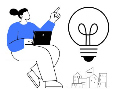 Büyük bir ampulü işaret ederken elinde dizüstü bilgisayar tutan bir kadın. Arka planda küçük bir şehir manzarası. Yaratıcılık, ilham, yenilik, teknoloji, eğitim, kentsel gelişim, sorun çözme için ideal