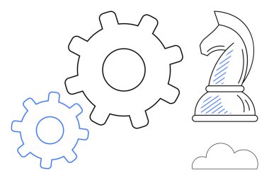 Satranç şövalyesi, birbirine bağlı iki vites ve stilize bir bulut temsil stratejisi, işbirliği, süreç, planlama, yenilik, takım çalışması ve basit bir metaforla problem çözme ile birlikte.