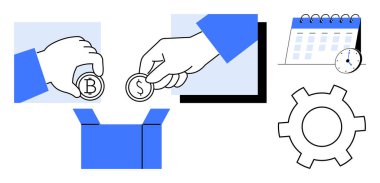 Takvim, saat ve teçhizatla birlikte bir kutunun üstünde para ve para değiş tokuşu yapan eller. Finans, yatırım, kripto para birimi, tasarruf, iş akışı yönetimi için ideal basit iniş sayfası