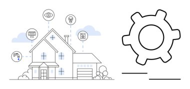 Güvenlik kamerası, termostat, ampul, cihaz, su kontrolü ve vites simgesini gösteren akıllı ev ağları. Teknoloji için ideal, IoT, otomasyon bağlantı kolaylığı yenilik modern