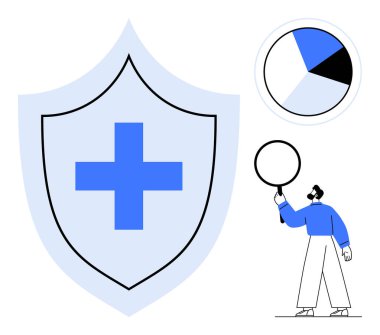 Tıbbi haçlı kalkan, pasta grafiği ve elinde büyüteç tutan adam. Sağlık, veri analizi, sigorta, güvenlik, finans, araştırma sade iniş sayfası için ideal