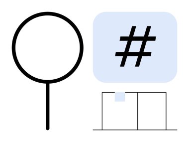 Konuşma baloncuğu, büyüteç ve ızgara içinde meta veri etiketi. Basit bir iniş sayfasında sosyal medya, araştırma, iletişim, keşif, basitlik, kavramlar ve temiz görsel tasarım için ideal