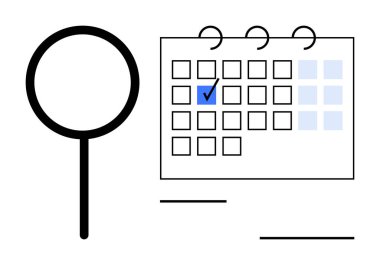 Büyüteç, işaretli onay kutusu tarihi olan bir takvime yakınlaştırır. Zamanlama, planlama, teslim tarihleri, atamalar, zaman yönetimi, etkinlik odağı, görev öncelikleri için ideal. Düz basit metafor