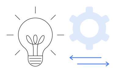 Işıklı ampul yaratıcılığı sembolize eder, işlemler için bir dişli ile eşleştirilir. Mavi oklar hareket ve hareket olduğunu gösteriyor. Yenilik için ideal, verimlilik, yaratıcılık, strateji, süreç, takım çalışması düzlüğü