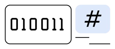Yumuşak mavi bir karenin içindeki üstveri etiketi sembolüyle kalın yazı tipiyle ikili kod eşleştirildi. Kodlama, programlama, sosyal medya, teknoloji, dijital iletişim, yenilik, basit iniş sayfası için ideal