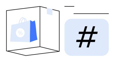Meta veri etiketinin yanında şeffaf bir kutunun içinde indirimli bir alışveriş torbası. E-ticaret, dijital pazarlama, markalaşma, çevrimiçi alışveriş, satış kampanyaları, promosyonlar, basit iniş sayfaları için ideal