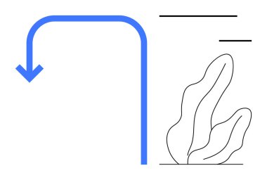 Aşağıya bakan mavi eğri ok, yukarı doğru soyut bitki başparmakları ve temiz geometrik çizgiler. Navigasyon için ideal, basitlik, eko-tasarım, modern temalar, akış kavramları, basit rehber iniş sayfası