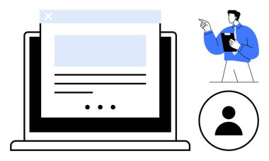 Web sayfalı dizüstü bilgisayar, kullanıcı profili simgesi ve panoyu gösteren kişi. Web geliştirme, kullanıcı arayüzü, çevrimiçi profiller, teknik destek, takım çalışması, veri analizi düz metafor