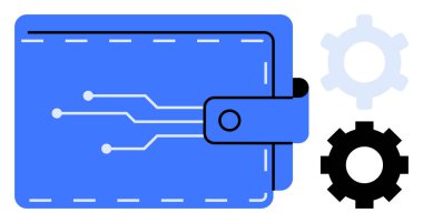 Devre kartı tasarımlı mavi cüzdan ve iki vites finansal teknolojiyi, dijital para birimini, otomasyonu, yeniliği, engelleme zincirini ve fintech hizmetlerini sembolize ediyor. Teknoloji ve e-ticaret için ideal.