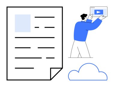 Düzenli metin içeren dijital belge, web arayüzüne video yükleyen kişi ve bulut grafiği. Bulut depolama, dijital çözümler, dosya paylaşımı, içerik oluşturma, çevrimiçi işbirliği için ideal
