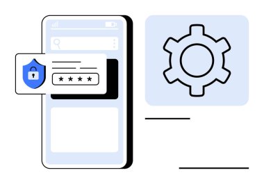 Şifreli akıllı telefon ekranı, güvenlik kalkanı simgesi ve ayarlar için dişli sembolü. Uygulama güvenliği, veri koruması, mobil arayüzler, teknolojik kurulum, kullanılabilirlik, güvenli tarama için ideal