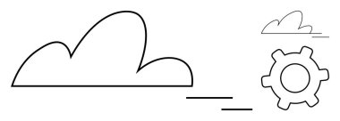 Minimalist tasarım, bir dişliye halatla bağlı iki bulut içerir. Teknoloji, bulut hesaplama, yenilik, sistemler, ağ geliştirme, bütünleşme için idealdir. Düz basit metafor