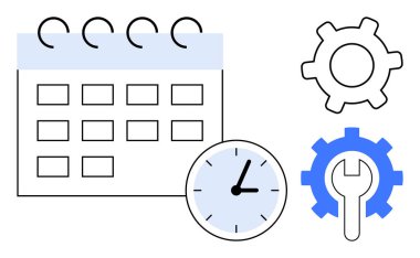 Saatli takvim, optimizasyon ve takım çalışması için dişlilerle eşleşen planlama ve zaman yönetimini sembolize eder. Proje planlaması, verimlilik, iş akışı, proje planlaması, görev yönetimi için ideal