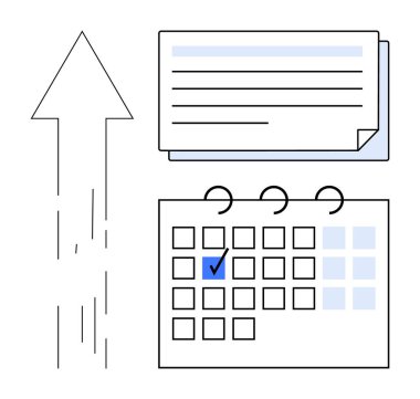 Yukarı ok, üst üste istiflenmiş kağıtlar, işaretli takvim planlama, programlama, başarı. Zaman yönetimi, organizasyon, hedefler üretkenlik büyüme planı için idealdir. Düz basit