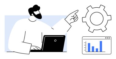 İnsan, iş akışı yönetimi, işbirliği, verimlilik, yenilik, teknik optimizasyon, analitik ve basit iniş sayfası için grafik içeren dişli simgesi ve jestler kullanır