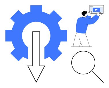 Dişlileri aşağı ok, ekranı çalma düğmesiyle tutan kişi ve büyüteç. Teknoloji, süreç otomasyonu, medya indirmeleri, arama optimizasyonu, öğretiler, video içeriği için ideal