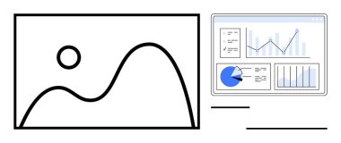 Sayısal gösterge paneli grafikler, pasta grafikleri ve manzara resmine bitişik analitikler. Veri analizi, iş raporlama, teknoloji arayüzü, piyasa araştırması, finansal planlama için ideal