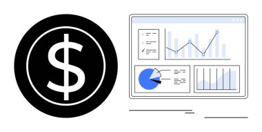 Dolar işareti, tablolar, grafikler ve veri analizlerinin yer aldığı gösterge panelinin yanında mali yönü de temsil ediyor. İş, ekonomi, finans, yatırım, büyüme stratejisi, yönetim için ideal