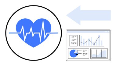Kalp atışı çizgisi olan kalp şekli, veri akışını gösteren ok ve çizelge ve analizlerle gösterge paneli. Sağlık, uygunluk, izleme, veri görselleştirme, refah, teknoloji ve basit bir