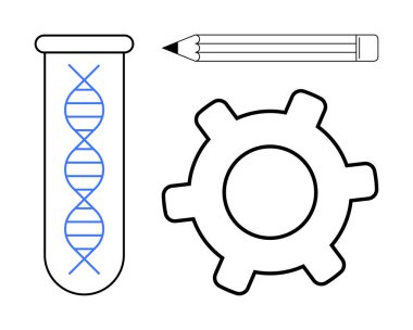 Test tüpündeki, kalem ve dişlideki DNA bilimi, yaratıcılığı, araştırmayı, eğitimi, endüstriyi, problem çözmeyi ve öğrenmeyi sembolize eder. Biyoteknoloji yeniliği ve takım çalışması temaları için ideal basit
