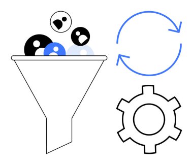 Huni filtreleme simgeleri, dişli sembolize işlemleri, sürekli gelişim için dairesel oklar. İşlem yönetimi, iş akışı, optimizasyon, otomasyon, pazarlama, veri sıralama için ideal