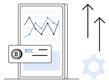 Mobil ekranda Bitcoin fiyat tablosu ve büyüme eğilimi çizgileri gösteriliyor. Vites simgesi ve yukarı bakan oklar mali büyüme, teknik analiz ve dijital ticareti gösteriyor. Kripto para birimi ve fintech için ideal