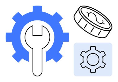 Tamiri sembolize eden ingiliz anahtarı olan vites, finans, araç gereç ve işlemleri temsil eden madeni para ve vites simgesinin yanında. Mühendislik, finans, üretkenlik, mekanik, bakım teknolojisi yönetimi için ideal
