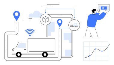 İzleme simgeleri, kablosuz sinyalleri, veri grafikleri ve dijital içeriği gören bir kişi olan bir rotada teslimat kamyonu. Lojistik, ulaşım, teknoloji, izleme, veri yönetimi arzı için ideal