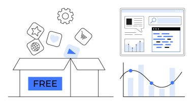 FREE etiketli kutuda araçları temsil eden simgeler, çizelgeler ve analizlerle web sitesi arayüzü, grafik eğilimleri var. Pazarlama, analitik, veri paylaşımı, web araçları, strateji, yenilik için ideal basit