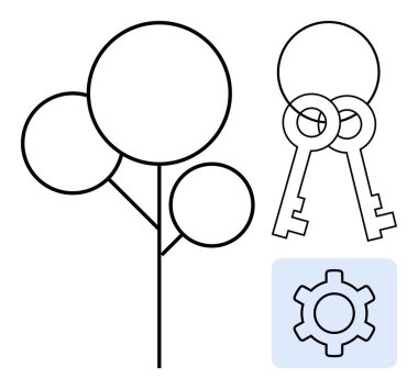 Minimalist ağaç yapısı, kesişen anahtarlar ve vites ikonu doğayı, güvenliği ve mekaniği harmanlıyor. Konseptler için ideal büyüme, denge, takım çalışması, güvenlik stratejisi teknolojisi veya basit bir