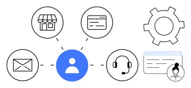 E- posta, mağaza önü, dişli, kulaklık ve tarayıcı penceresine bağlı mavi kullanıcı simgesi. Müşteri desteği, kullanıcı etkileşimi, e-ticaret, takım çalışması teknoloji çözümleri için ideal basit iniş sayfası