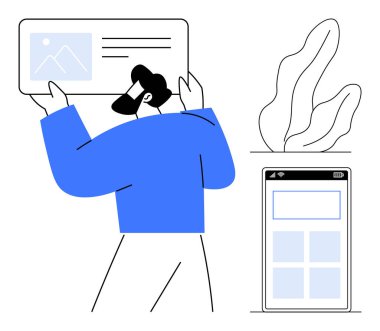 Bir web arayüzü şablonu tutan adam, şebekeli akıllı telefon ekranı, ve dekoratif bitki aksanı. Tasarım, yaratıcılık, teknolojik yenilik, kullanıcı arayüzü, web geliştirme, prototip