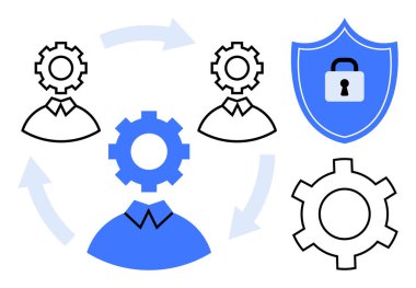 Vitesli insanlar, akışı gösteren oklar ve asma kilit sembollü bir kalkan. Takım çalışması, üretkenlik, girişim güvenliği, veri koruması, yenilik, süreç optimizasyonu için ideal