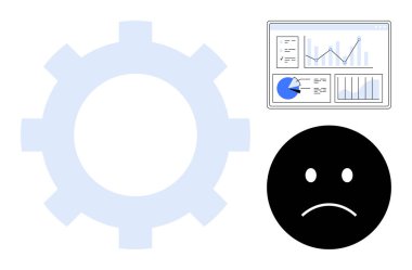 Vites ana hatları, çizelgeli analitik gösterge paneli, hüzünlü yüz vurgulama iş sorunları, kötü performans. Üretkenlik, strateji, veri yönetimi, verimlilik için ideal, hedefler basit