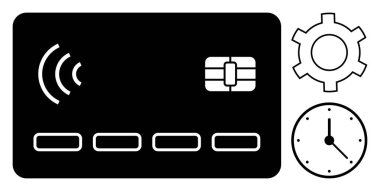 Siyah bağlantısız kredi kartı, çip, çark ve saati sembolize eden teknoloji, verimlilik, finans, işlemler ve dijital ödemeler. Fintech güvenlik ödeme teknolojisi için ideal