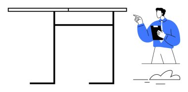 Bir pano tutarken modern minimalist masa yapısını gösteren profesyonel bir işaret. Rehberlik, eğitim, liderlik, planlama, organizasyon, takım çalışması için ideal, düz bir metafor