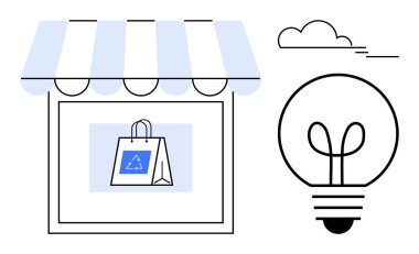 Çizgili tenteli, geri dönüşüm üçgenli alışveriş torbası sergilenen mağaza önü, yenilik anlamına gelen ampul. Sürdürülebilirlik, iş, çevre dostu çözümler, yeşil perakende için ideal