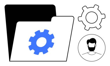 Mavi dişli, siyah ana hatlı dişli ve kullanıcı profilli avatar dijital dosya yönetimi, kullanıcı özelleştirmesi, ayarları ile klasörü aç. Teknoloji, veri, hesap kurulumu ve yazılım için ideal