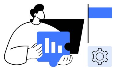 Bar tablosu olan bir yapboz parçası, başarıyı temsil eden bir bayrak, süreci optimizasyonu sembolize eden bir dişli. Analiz, strateji, yenilik, takım çalışması, başarı, verimlilik için ideal basit