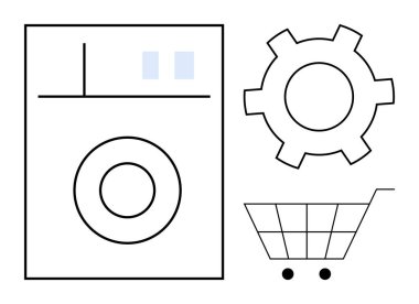 Ön yükleme makinesi, otomasyon için teçhizat ve ticaret için alışveriş arabası. Perakende, yenilik, ev eşyaları, teknoloji, e-ticaret, otomasyon ve basit bir iniş sayfası için ideal
