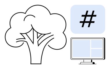 Basit ağaç çizimi, meta veri etiketi ve bilgisayar ekranı doğa ve dijital iletişim arasındaki dengeyi gösteriyor. Sürdürülebilirlik, çevresel farkındalık, teknoloji, bağlantı için ideal