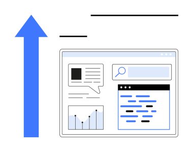 Yukarı doğru büyüyen bir okun yanında grafik, metin ve arama çubuğu bulunan bir veri gösterge panelinin modern arayüzü. Analiz, iş büyümesi, performans izleme, teknoloji, kullanıcı arayüzü, veri için ideal