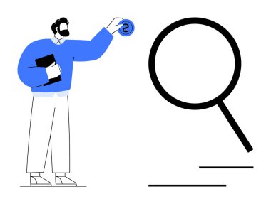 Büyüteç yanında klasör ve para tutan bir adam. Finans, yatırım, araştırma, analitik, iş büyümesi, ekonomik strateji, bütçe takibi için ideal. Düz basit metafor