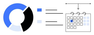 Segmentli verileri olan pasta grafiği, planlama ve planlama için bir takvime bağlı etiketler. Veri analizi, proje yönetimi, üretkenlik, organizasyon, zaman yönetimi, strateji, daire