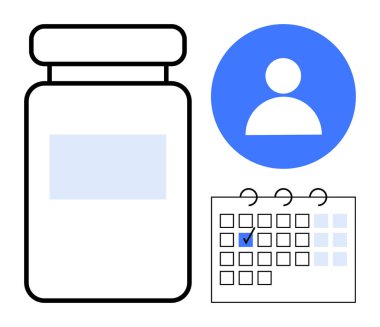 Doz zamanlaması için takvim işaretli ilaç şişesi ve kullanıcı profili. Sağlık, öz bakım, ilaç yönetimi, hatırlatıcı, planlama, hasta takibi, düz metafor için ideal