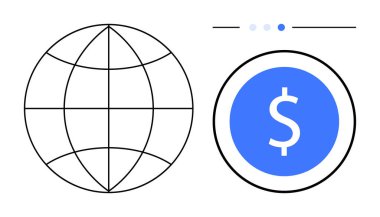 Küreselleşmeyi temsil eden küre, bir dairenin içindeki dolar işaretinin yanında. Finans, küresel ticaret, ecommerce, fintech, çevrimiçi ödemeler, uluslararası iş, basit iniş sayfası için ideal