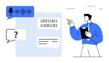 Pano noktalarını ikili kod, konuşma baloncukları ve seste tutan bir erkek figürü. Teknoloji, yapay zeka, ses tanıma, kodlama, iletişim eğitimi ve sunumlar için ideal. Düz basit metafor
